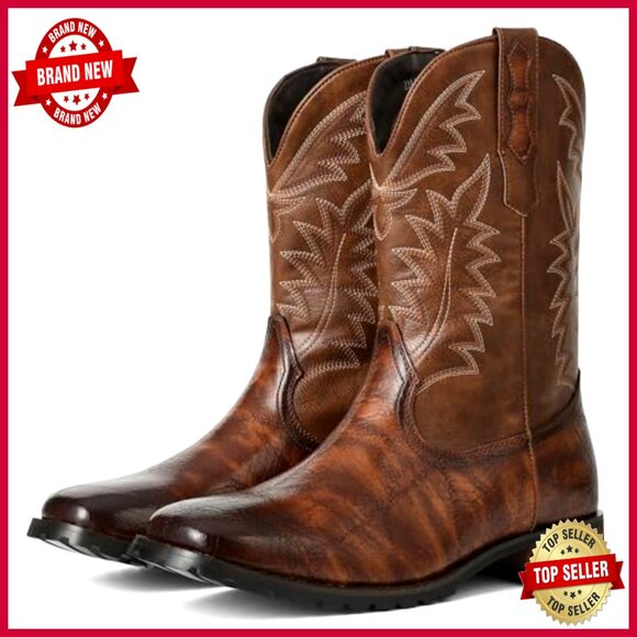 Men's Western Cowboy Boots Pull On Square Toe Chunky Heel Work Casual - Picture 2 of 6